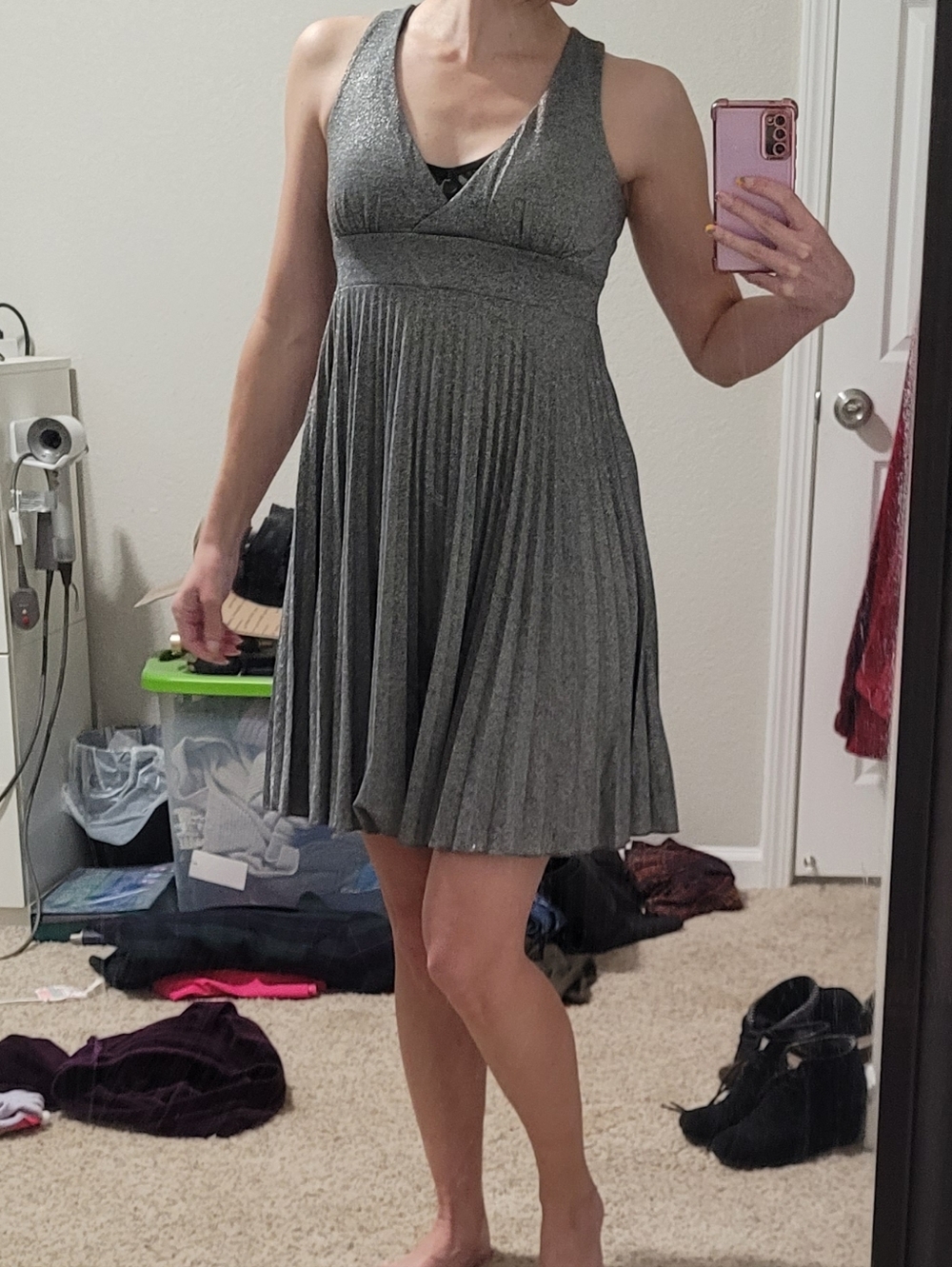 Max & Cleo Gray Pleated V-Neck Skater Dress